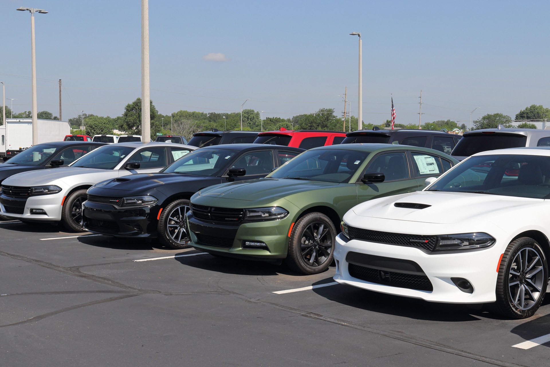 Dodge Charger display at a Chrysler dealership. The subsidiaries of FCA are Chrysler, Dodge, Jeep, and Ram.